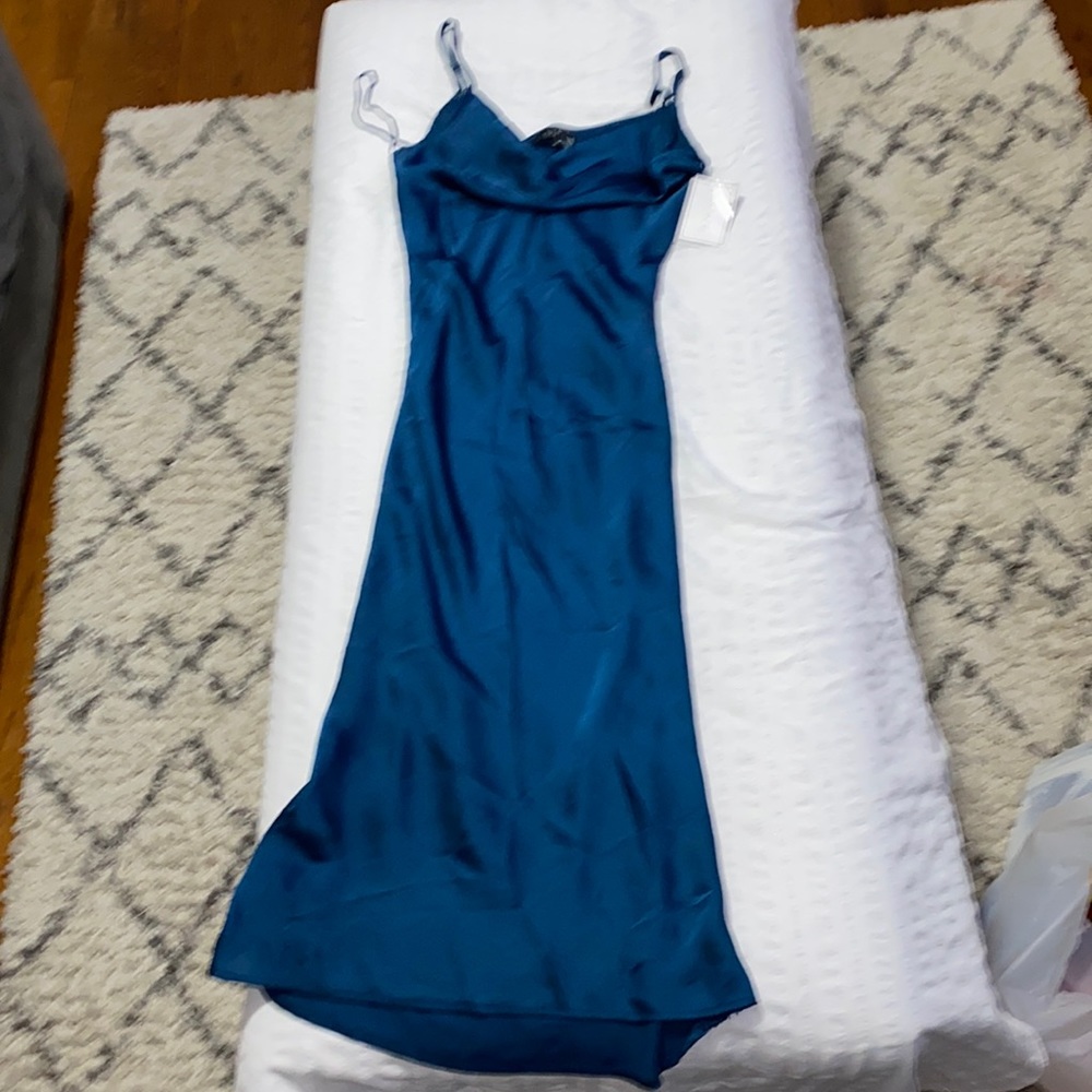 1. State Teal Silk MIDI Dress adjustable runch